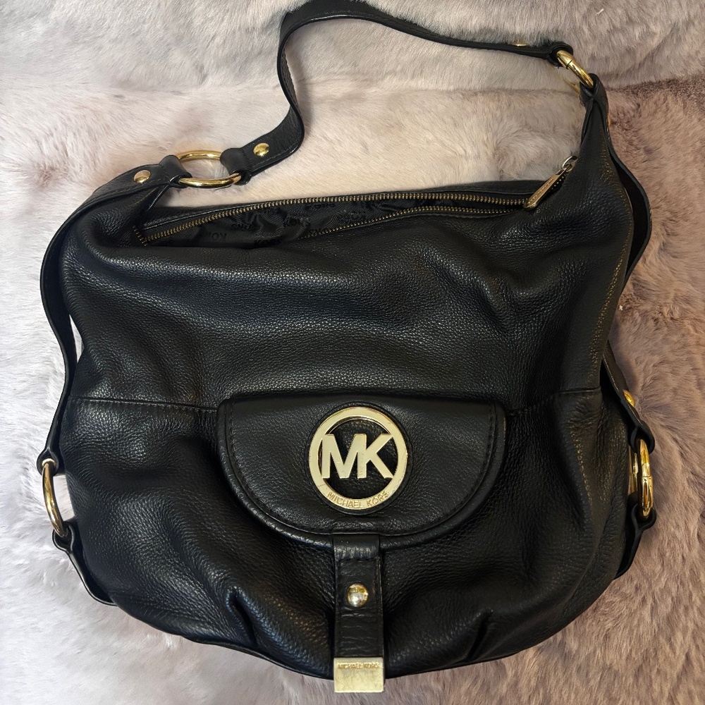 Michael Kors Black Leather Bag Top Handles with Gold Tone Accent